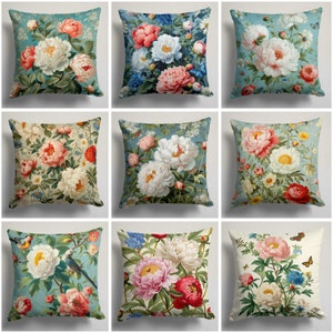 May include: Nine different floral pillow covers with various floral patterns and colors. The pillow covers feature peonies, roses, and other flowers in shades of pink, white, red, and blue. The background of the pillow covers is a light blue color.