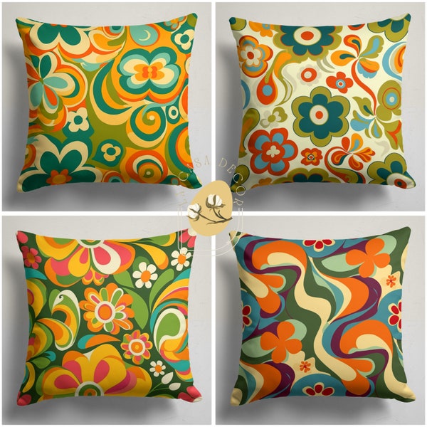 Retro Floral Pillow Covers, Colorful 70s Style Throw Pillows for Bohemian Living Room – Custom Size Cushion Set