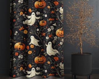 Black Halloween Curtain with Ghost and Pumpkin Floral Pattern, Gothic Holiday Drapes – Spooky Botanical Window Panel, 96 and 108 Inch Custom