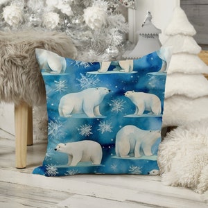 Blue Polar Bear Winter Pillow Cover, Scandinavian Holiday Cushion with Snowflake Design – Decorative Throw Pillow, Custom Size