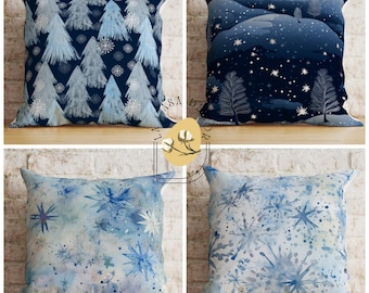 Winter Pine Tree Cushion Cover, Winter Decoration Pillow Case, Snowflake Pillow , Blue Modern Winter Pillow Cover, Home Gift,  16x16 Pillow