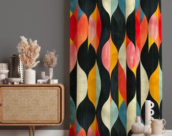 Multicolor Abstract Curtains in Black, Red, Yellow and Teal – Retro Geometric Panel, Custom Size, Valance & Blackout Option Available