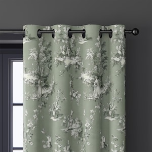Sage Green Toile Curtains, Vintage Scenic French Country Drapes for Living Room, Classic Pattern Window Curtain Panel