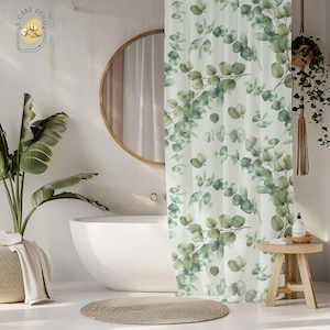 Green Eucalyptus Leaves Fabric Shower Curtain – Boho Botanical Bathroom Decor - Leaf Patterned Bath Stall Curtain, Farmhouse Bathroom Style