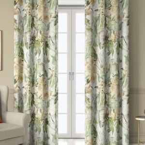 Beige and Green Floral Curtains, Vintage Botanical Drapes in Cottagecore Style – Blackout Curtain, Custom Size Window Treatment