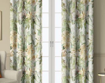 Beige and Green Floral Curtains, Vintage Botanical Drapes in Cottagecore Style – Blackout Curtain, Custom Size Window Treatment
