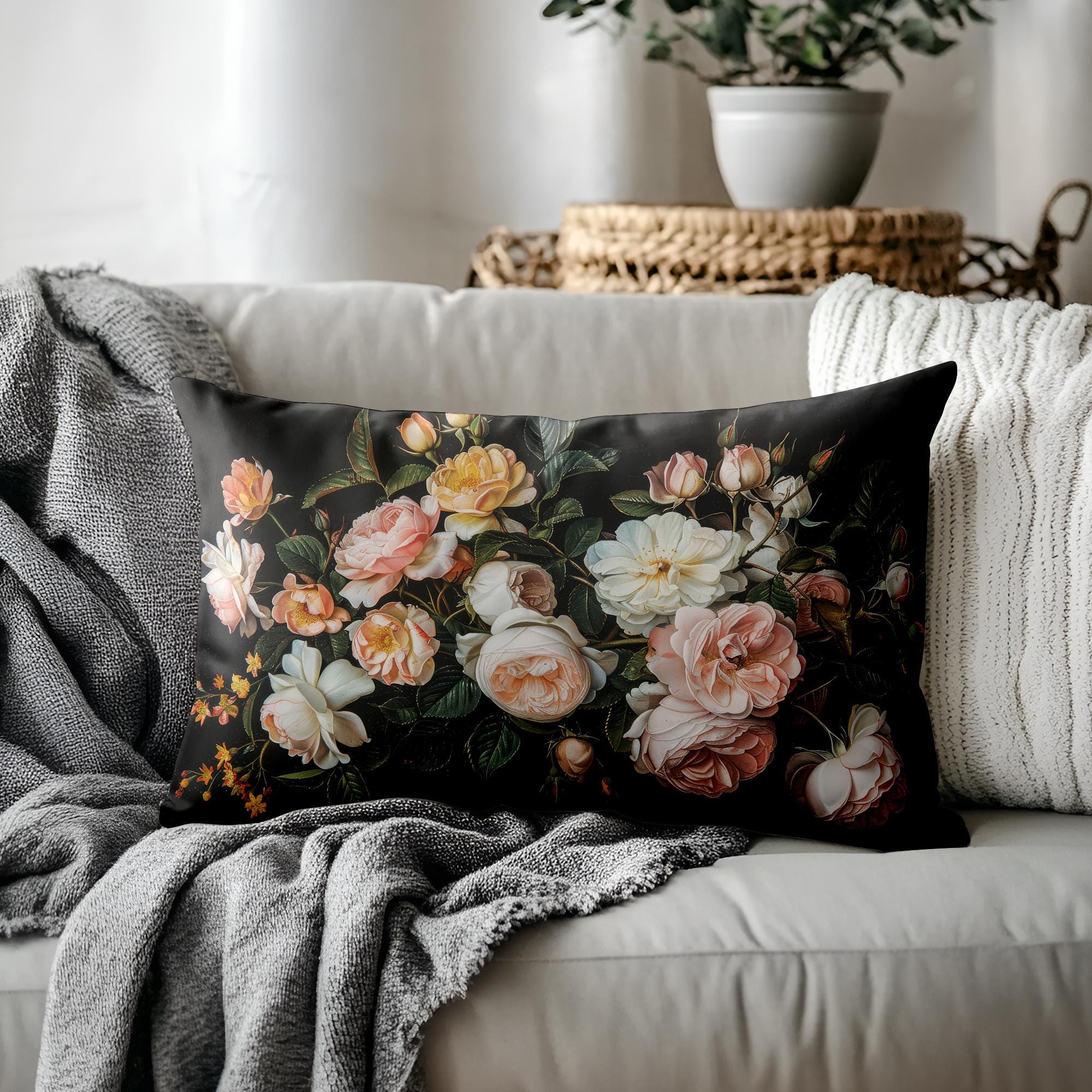 Dramatic Pillows Black Floral Lumbar Pillows, Dramatic Peony Bouquet Cushion Covers for ...