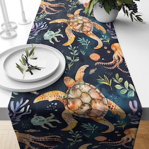 Ocean Life Table Runner, Turtle Octopus Sea Animal Print Table Runner, Nautical Beach Home Decor for Dining, Coastal Sea Life Table Cloth