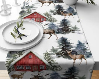 Deer & Pine Tree Table Runner, Rustic New Year Table Decor, Cozy Holiday Accent, Festive Winter Runner Tables, Christmas Party Decoration