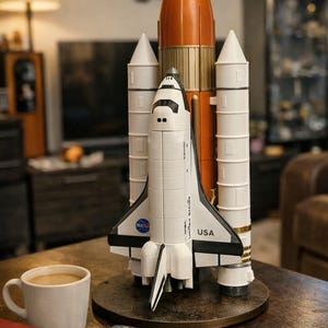 May include: A detailed model of a space shuttle and rocket booster, with white, orange, and gold detailing. The shuttle has "USA" and "NASA" markings. The model is on a wooden surface, with a coffee cup and remote control nearby.