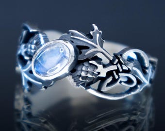 Thistle Ring Silver, Moonstone Amethyst Labradorite, Celtic Engagement Ring, Scottish Handmade Jewelry