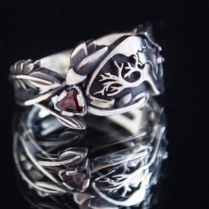 Anatomical Heart Ring, Garnets & Flowers, Oxidized Sterling Silver, HanniGram Inspired