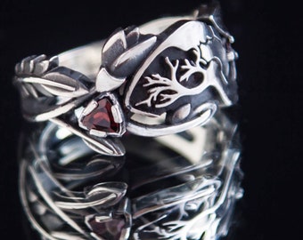 Anatomical Heart Ring, Garnets & Flowers, Oxidized Sterling Silver, HanniGram Inspired
