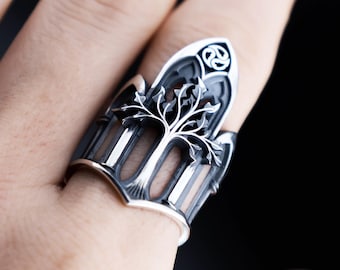 Anillo de declaración élfica, plata de ley, árbol blanco, estilo medieval de fantasía