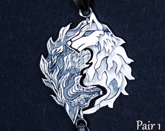 Wolf and Fox pair pendants of sterling silver, friend pendants, couple gift