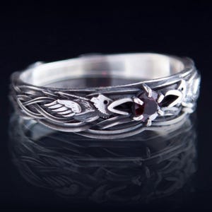 Gothic Raven Ring Sterling Silver with Garnet, Norse Viking Jewelry, Odin Ravens Huginn Muninn Band