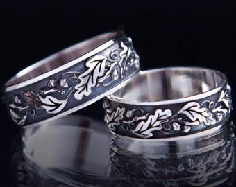 Enchanting Oak and Acorn Sterling Silver Ring - Custom Sized Elvish Wedding Band