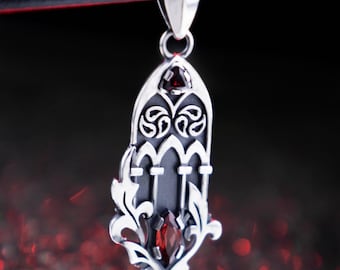 Gothic Cathedral Pendant Sterling Silver Garnet Blue Zircon Necklace Dark Academia Medieval Architecture Artifact
