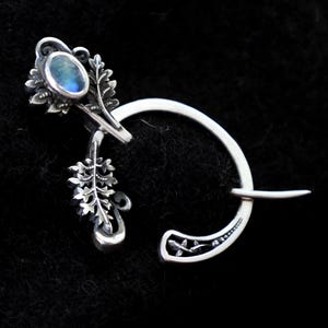 Fern Fibula Shawl pin, Sterling Silver Moonstone   Elven forest jewelry, ring fibulae