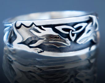 Dragon & Fox Ring, Sterling Silver 925 Celtic Wedding Band, Engagement and Promise Ring
