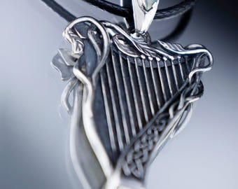 Celtic Harp Sterling Silver Pendant: Opal, Garnet, or CZ Gemstone