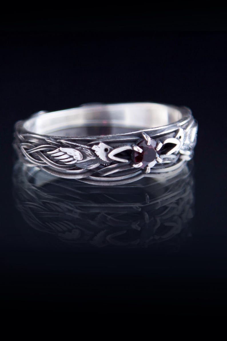 Gothic Raven Ring Sterling Silver with Garnet, Norse Viking Jewelry, Odin Ravens Huginn Muninn Band