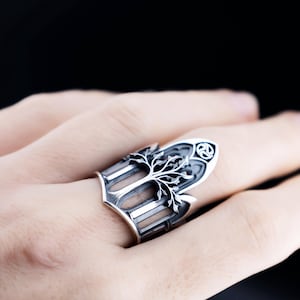 White Tree Statement Ring Sterling Silver Gothic Arch Band Nature‑Inspired Fantasy Jewelry