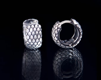 Dragon scale earrings of sterling silver, hoop  earrings 7.5mm wide, single or pair