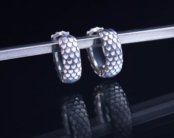 Dragon scale earrings of sterling silver, hoop  earrings 5mm wide, single or pair
