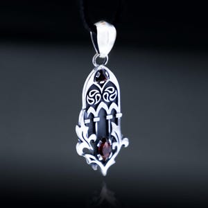 Gothic Cathedral  sterling silver pendant with  garnets or blue zircons, Medieval castle architecture jewelry,  Unique handmade gift