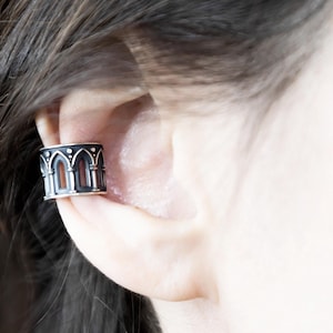 Gothic Arch Wide Ear Cuff in Sterling Silver - No Piercing Required, Unique Gothic Jewelry for Men & Women Medieval Cathedral Goth jewelry
