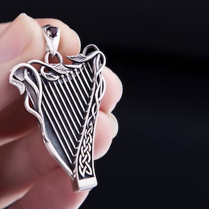 Celtic Harp Pendant  Sterling Silver Necklace with Trillion Cut - Opal Garnet Cubic c.z. Statement harp necklace - Gift for music lovers