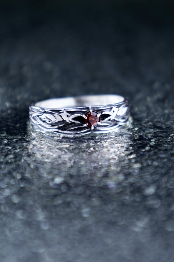 Gothic Raven Ring Solid Silver with Garnet · Huginn & Muninn Norse Viking Band · Dark Fantasy Jewelry