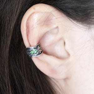 Silver Ear Cuff with Green Zircon – Grape Leaf Cuff Earring – Sterling Vine Summer Jewelry