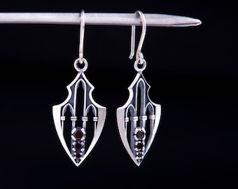 Defender, Sterling silver earrings with garnets, Gothic, spear shaped earrings