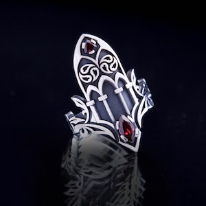 Gothic Cathedral  sterling silver ring with garnets or blue c.z, Medieval castle architecture,  Statement ring silver 925, Catholic Jewelry