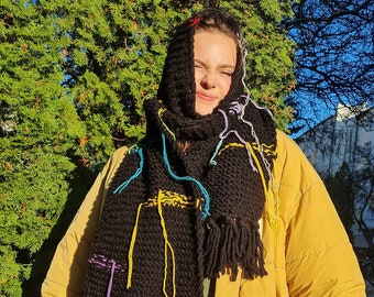 black scarf with rainbow fringe, crochet colorful handmade winter scarf, long unisex scarf, warm scarf, handknitted scarf,wool rainbow scarf