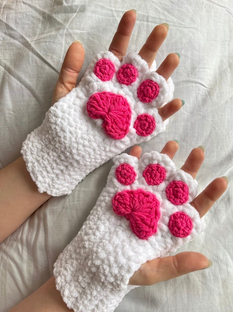 Cute Сatkitty Crochet Gloves, Handknit Mittens, Handmade Kawaii Fingerless, Cat Paw Gloves