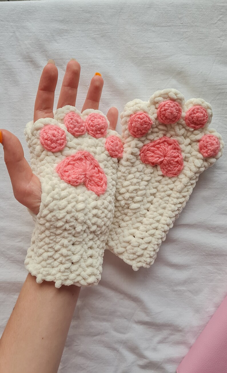 Cute Сatkitty Crochet Gloves, Handknit Mittens, Handmade Kawaii Fingerless, Cat Paw Gloves
