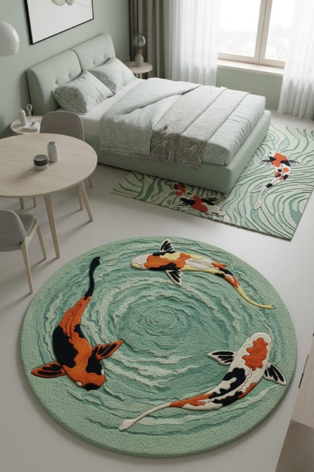 Buy Koi Fish Rug Round Wool Rug, Hand Tufted Pond Design Carpet Online ...