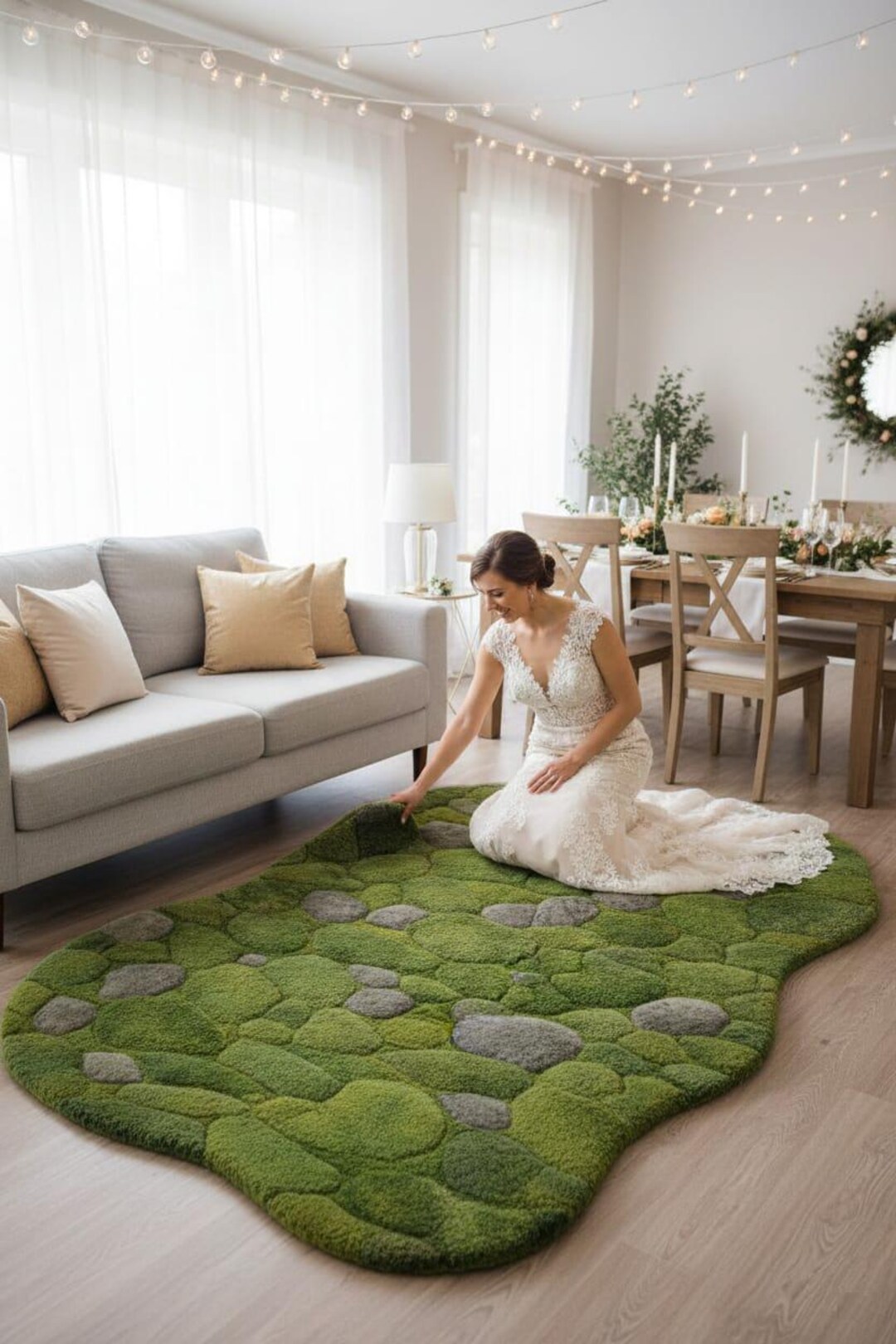 Hand Tufted Moss Green Rug, Organic Stone Pattern Wool Rug, Irregular ...
