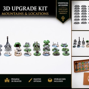 Può includere: Un kit di aggiornamento 3D per giochi da tavolo con 40 miniature di montagne grigie e 27 gettoni luogo dipinti. Il set include una scatola di conservazione marrone con un logo di montagna. Il testo recita 3D UPGRADE KIT MOUNTAINS & LOCATIONS.