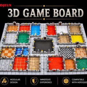 Peut inclure: Un plateau de jeu 3D avec des murs modulaires à texture de pierre et des dalles de sol de diverses couleurs, dont rouge, bleu, vert, jaune, orange, noir, blanc et des motifs à damier. Le texte 3D JEUX et 3D GAME BOARD est visible en haut.