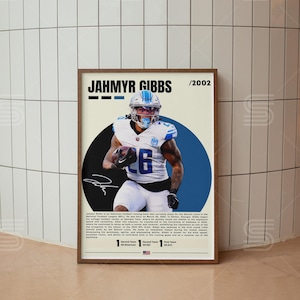 Jahmyr Gibbs-poster, NFL-poster, voetbalprint, voetbalposter, NFL-muurkunst, posters sportslaapkamer, digitale sportposter