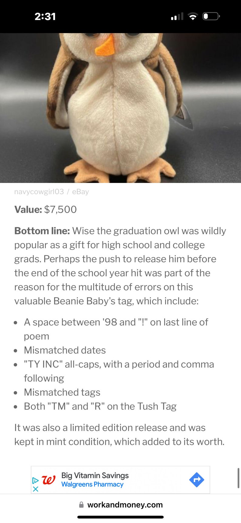 Wise the graduation owl, beanie baby image 2