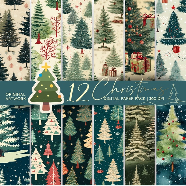 Paquete de árbol de Navidad vintage digital sin costuras de lujo / Papel digital imprimible de uso múltiple / Creación de álbumes de recortes y tarjetas