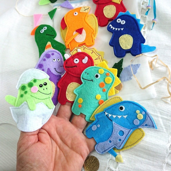Felt Dinosaur Finger Puppets x5 - Handmade Dino Toy Set, Interactive Fun for Kids, Toddler Gift Idea, Finger Theater Play