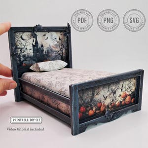 Halloween Paper Bed Template – DIY Miniature Furniture for Crafting, Dollhouse Décor
