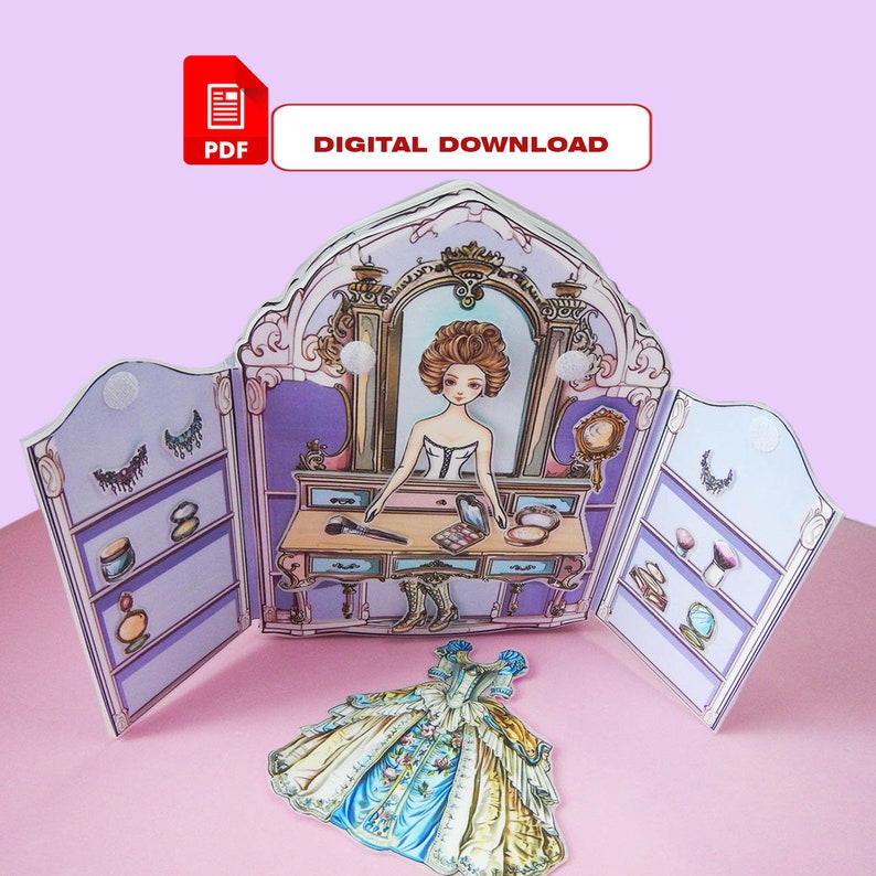 K&ouml;nnte beinhalten: Ein ausdruckbares Papierpuppen-Set mit einer Puppe in einem wei&szlig;en Kleid und einem Schminktisch mit Spiegel, Make-up und Schmuck. Die Puppe hat ein blaues und gelbes Kleid, das an die Puppe angesteckt werden kann.