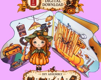 Pumpkin Girl Paper Doll – Halloween Dress-Up Quiet Book | Printable DIY Craft Set
